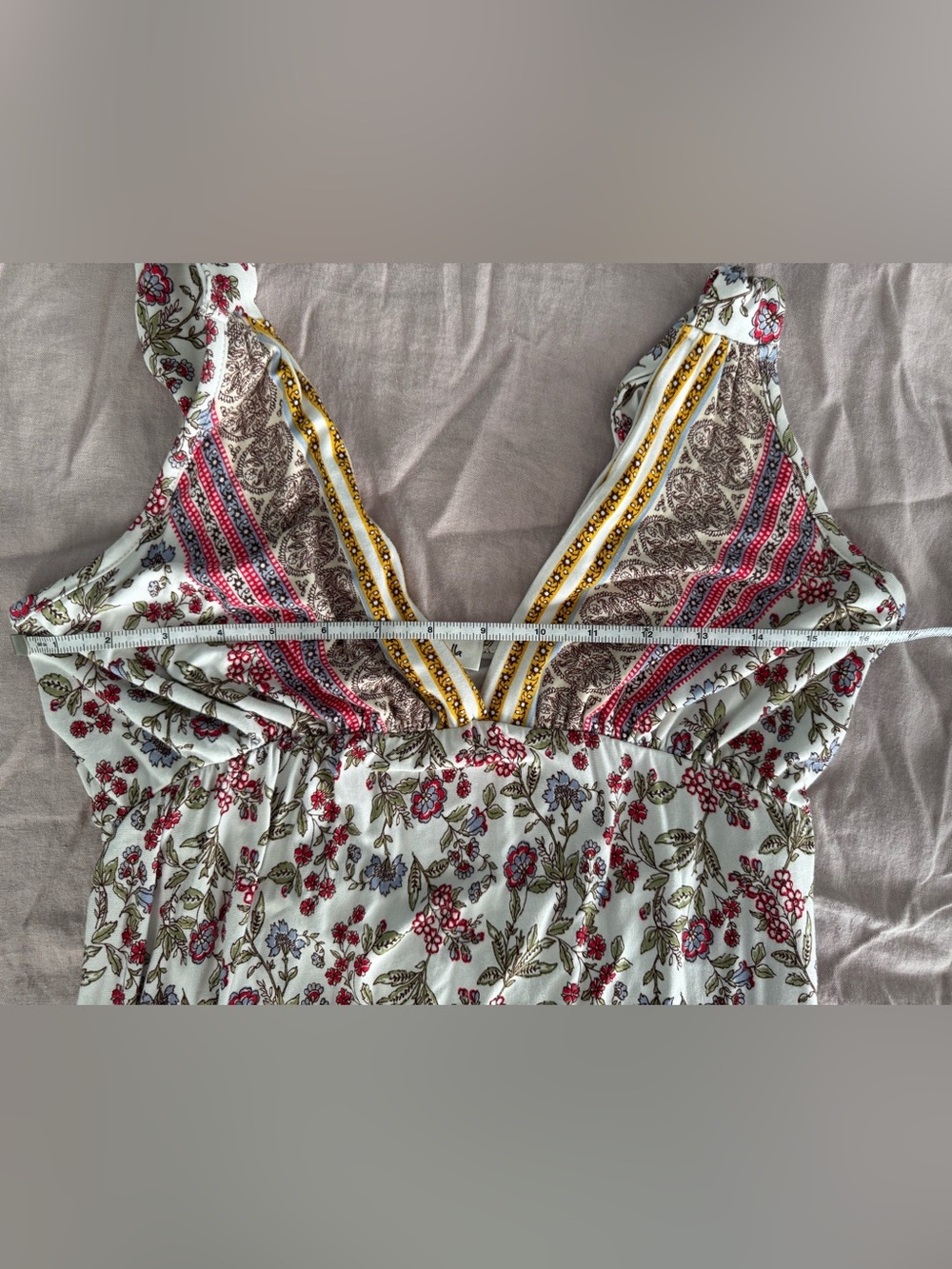 Loveappella White Maxi Dress with Pink Floral Print and Yellow Trim - Picture 4 of 7